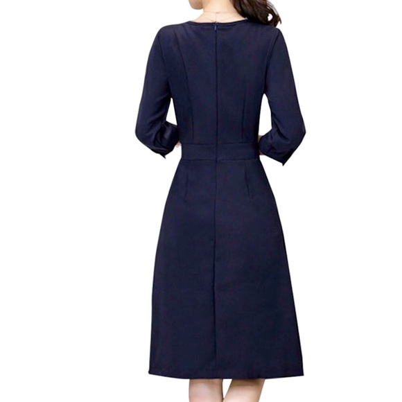 "Cindy" Navy A-line Midi Dress w sheer - Picture 3 of 4